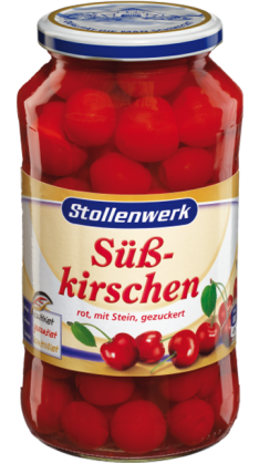 Süßkirschen  rot, mit Stein, gezuckert - Konserve