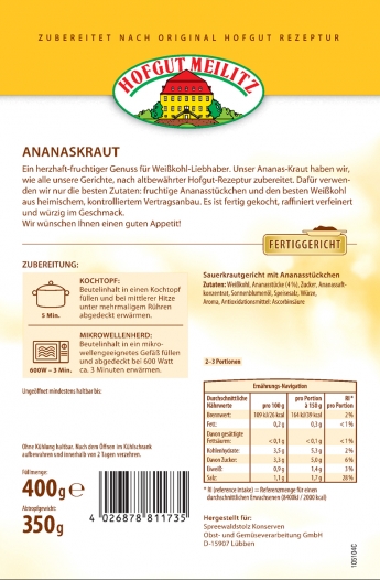 Ananaskraut mit fruchtigen Ananasstückchen mit fruchtigen Ananasstückchen - Etikett