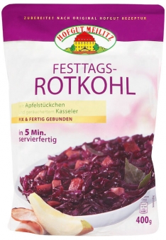 Festtags-Rotkohl mit Apfelstückchen und geräuchertem Kassele mit Apfelstückchen und geräuchertem Kasseler - Konserve