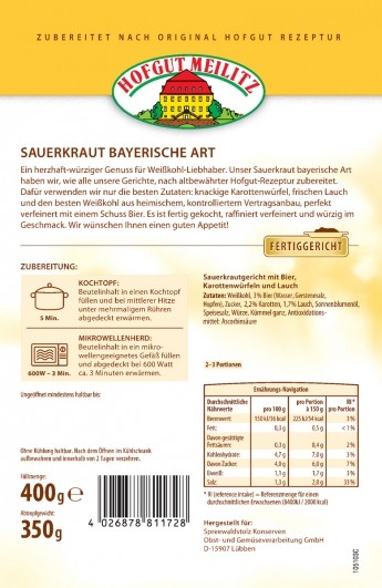 Sauerkraut Bayerische Art mit Bier, Karottenwürfeln und Lauc mit Bier, Karottenwürfeln und Lauch - Etikett