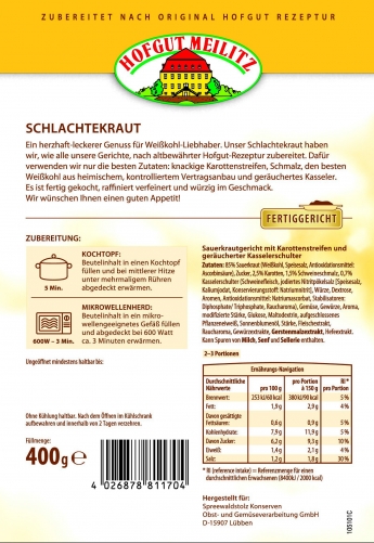 Schlachterkraut mit Karottenstreifen, Schmalz und geräuchert mit Karottenstreifen, Schmalz und geräucherter Kasselerschul - Etikett